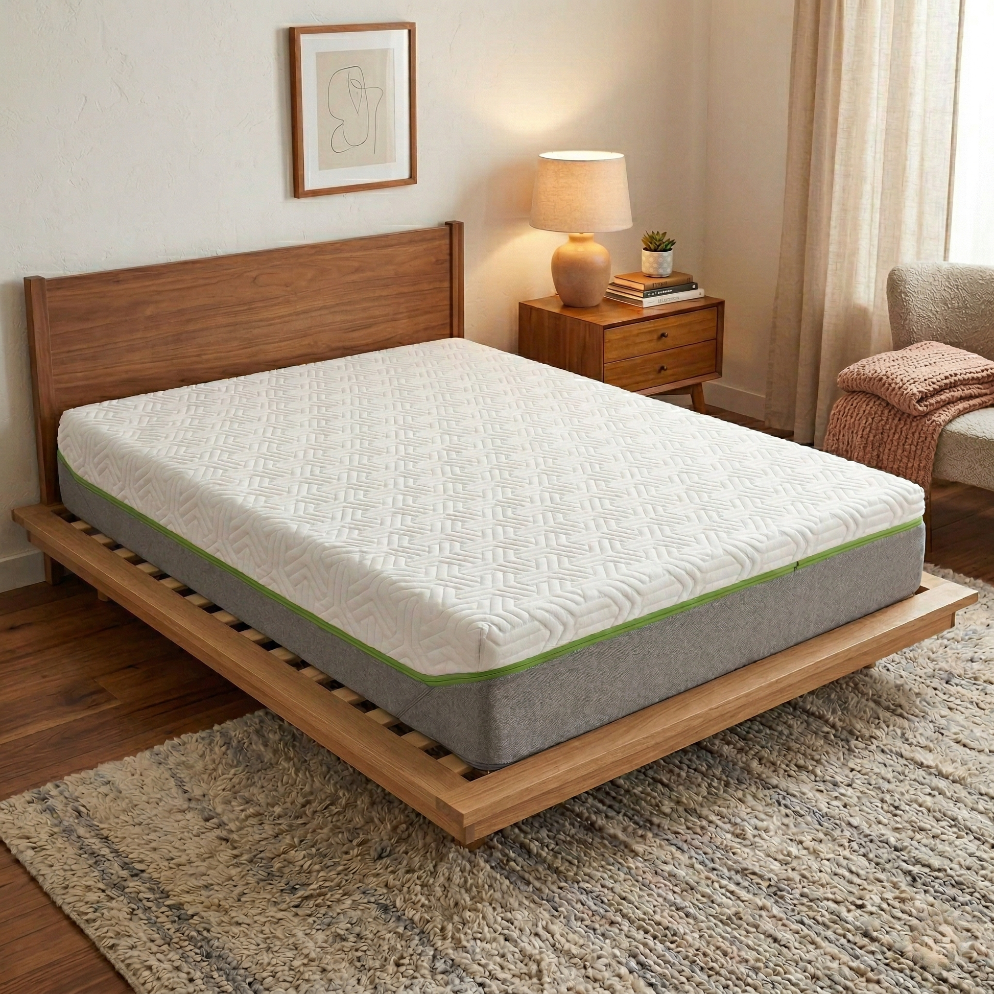 Bedroom view for the TEMPUR Hybrid Elite Mattress, highlighting the combination of TEMPUR® Material for pressure relief and Precision™ MicroCoils for responsive support.