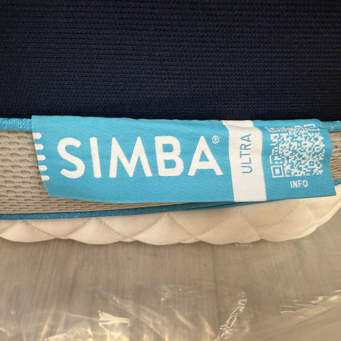Close-up of the Simba Ultra Hybrid label, confirming the 7300 pocket spring count and premium model status.