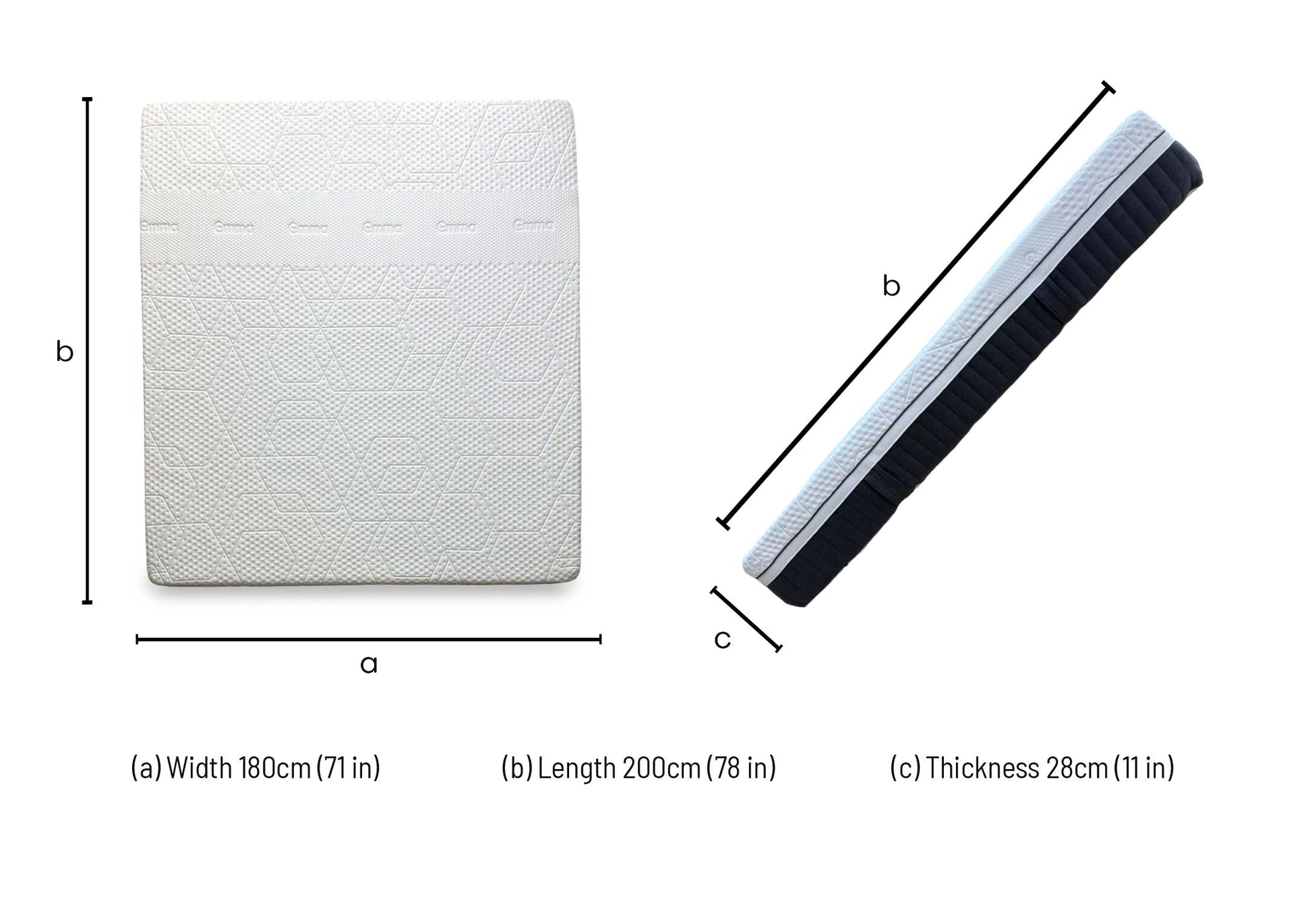 Technical dimension diagram for the ‘Emma Diamond Deluxe Hybrid’ Mattress (Super King): Width 180cm, Length 200cm, Depth 25cm.