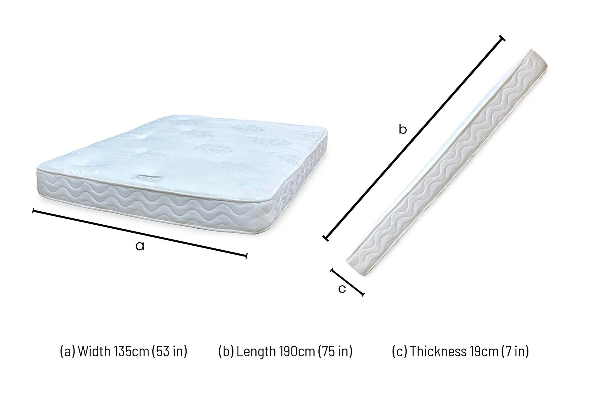 Technical dimension diagram for the ‘Capsule Essentials’ Open Coil Double Mattress: Width 135cm, Length 190cm, Depth 20cm.