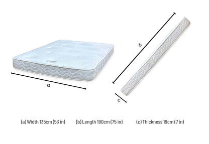 Technical dimension diagram for the ‘Capsule Essentials’ Open Coil Double Mattress: Width 135cm, Length 190cm, Depth 20cm.