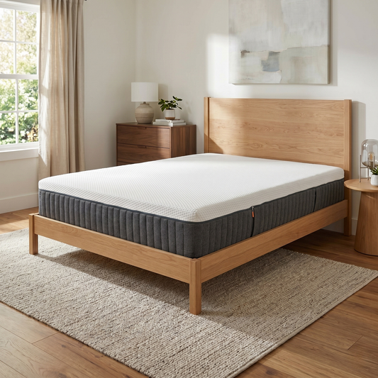 Bedroom view for the Emma Original double mattress, highlighting the Point-Elastic Airgocell® foam, pressure-relieving memory foam, and HRX support base.