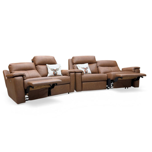 Full view of The G Plan Thornbury 001 sofa set in Texas Tan brown leather, featuring a 3-seater and 2-seater power recliner with high-back support and a contemporary silhouette.
