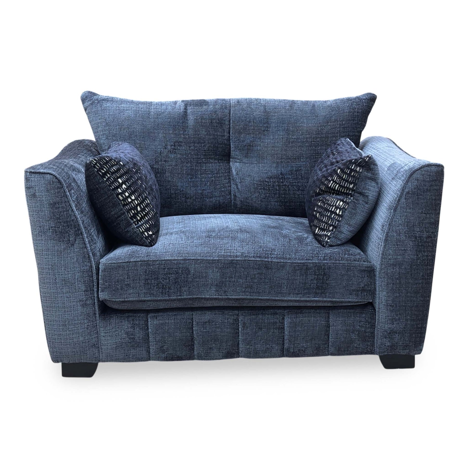 Full view of the ‘Allure’ snuggler chair in Coco Indigo woven fabric, featuring a classic back design, deep cushioned seating, and elegant tapered wooden legs.