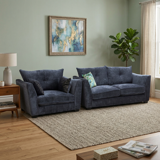Living room view of the Allure 3-seater sofa in a modern living room, highlighting the rich Indigo blue woven fabric and sophisticated classic back design.