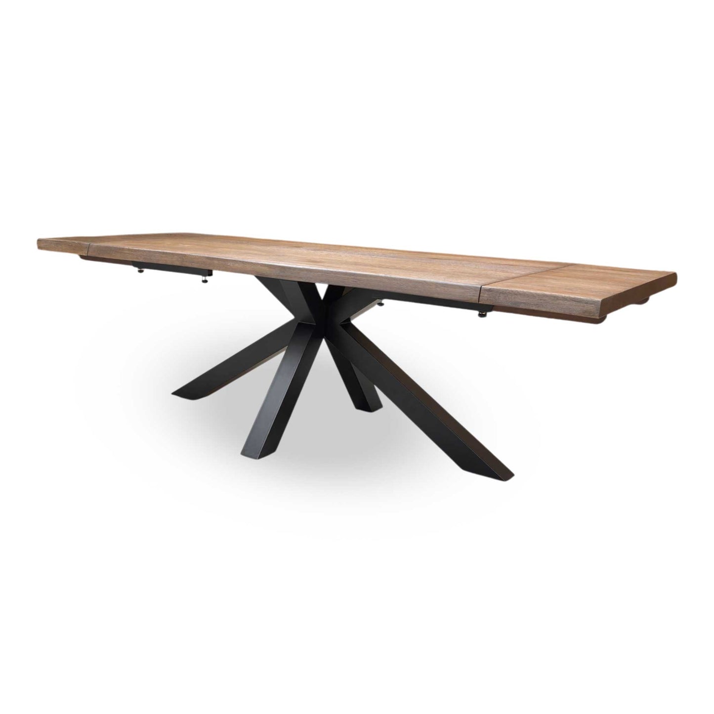 ‘Mars’ Dark Oak Solid Oak Raw Edge 180cm Dining Table with Metal Star Base + Double Extension Leaf
