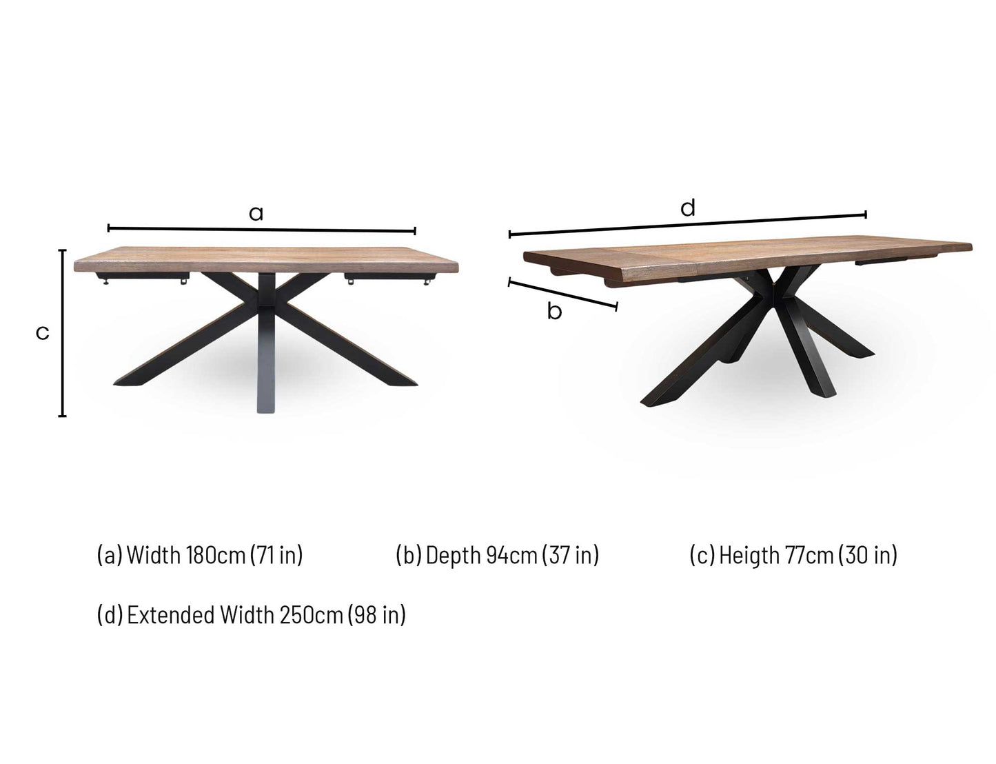 ‘Mars’ Dark Oak Solid Oak Raw Edge 180cm Dining Table with Metal Star Base + Double Extension Leaf