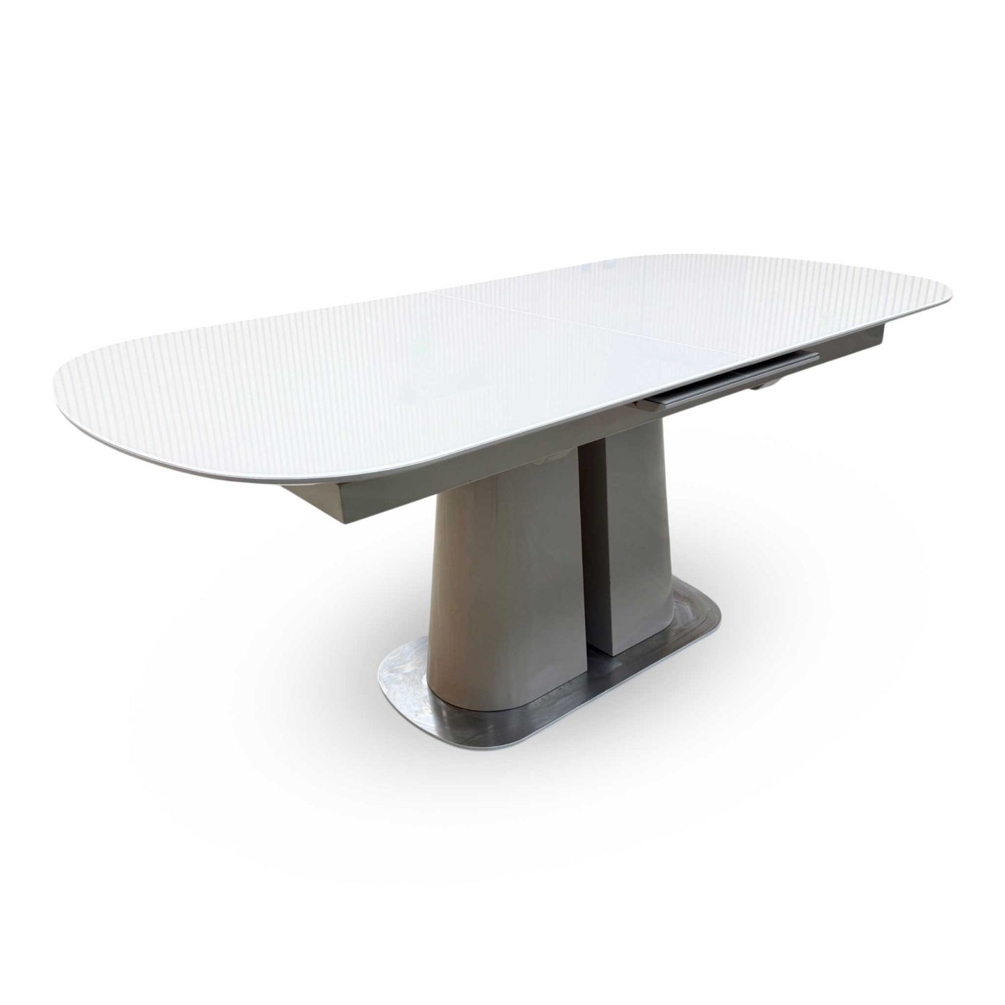 Side profile view of the table, highlighting the slim, clean edges of the tabletop panel and the robust, structured design of the supporting base leg frame.