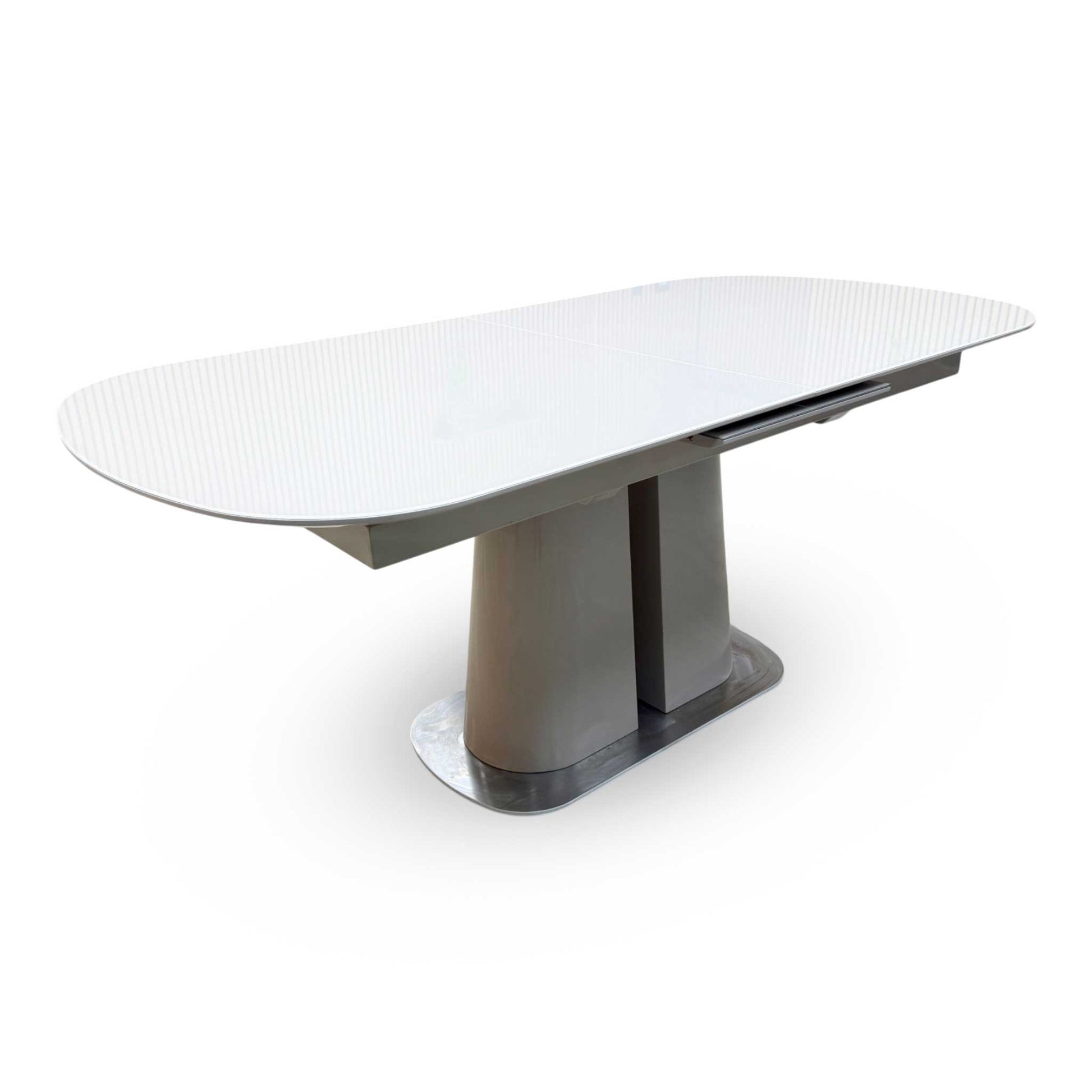 Side profile view of the table, highlighting the slim, clean edges of the tabletop panel and the robust, structured design of the supporting base leg frame.