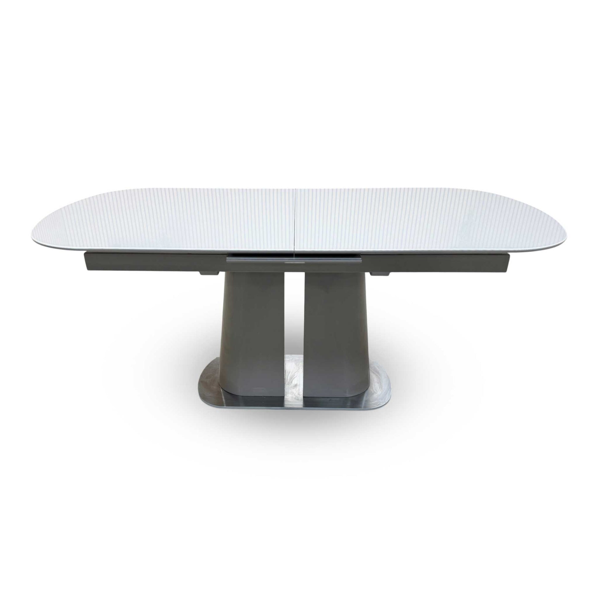 Front-facing view of the Cashmere extending dining table, showcasing its sleek 180cm rectangular tabletop with an elegant cashmere-toned finish and clean, modern lines.