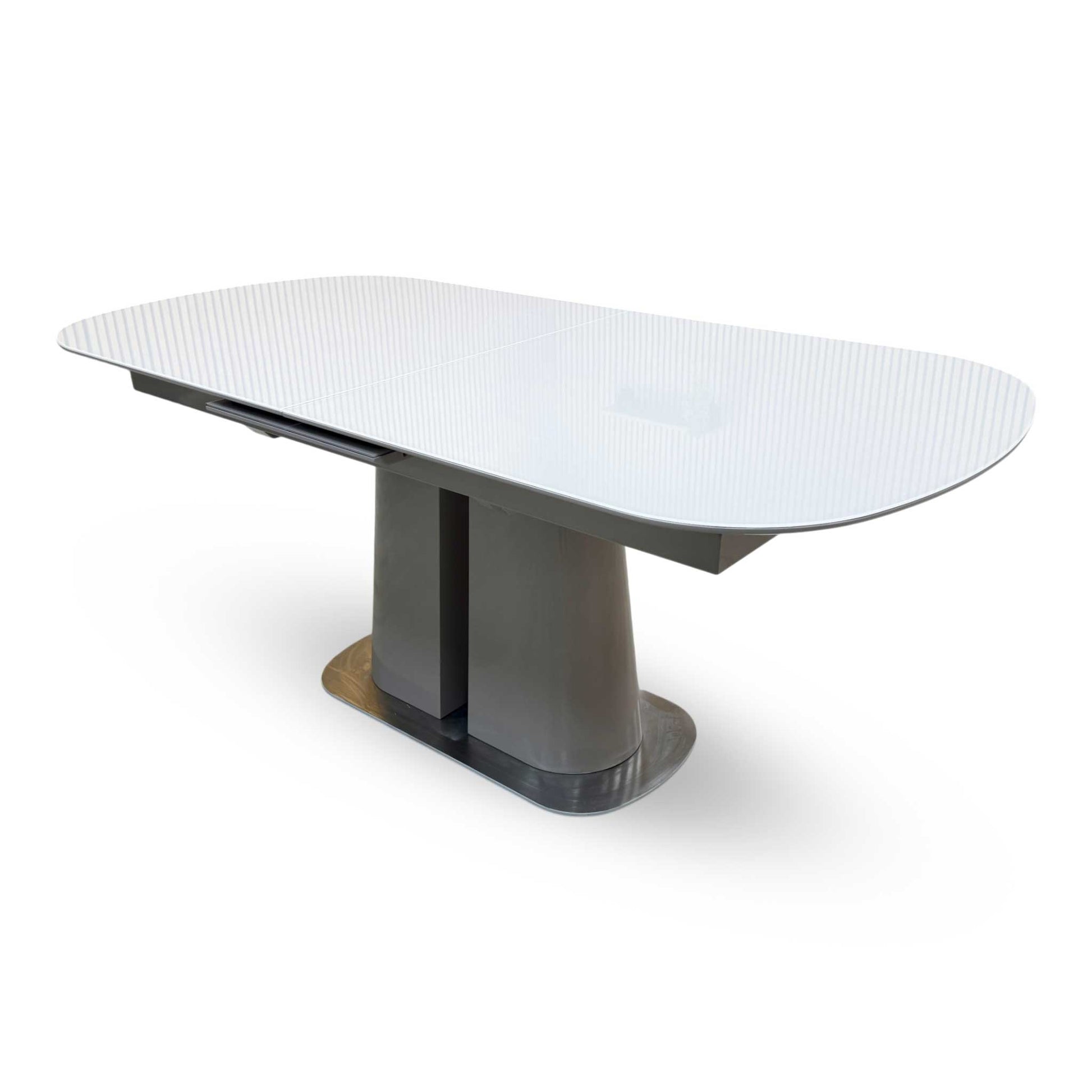 Side profile view of the table, highlighting the slim, clean edges of the tabletop panel and the robust, structured design of the supporting base leg frame.