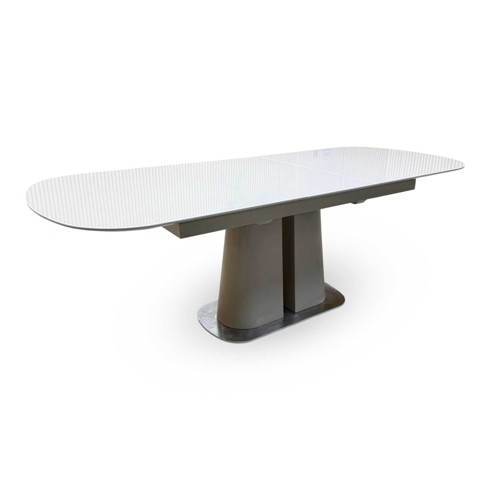 Side profile view of the table, highlighting the slim, clean edges of the tabletop panel and the robust, structured design of the supporting base leg frame.