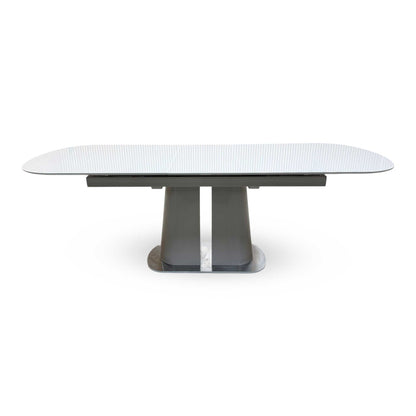 Front-facing view of the Cashmere extending dining table, showcasing its sleek 180cm rectangular tabletop with an elegant cashmere-toned finish and clean, modern lines.