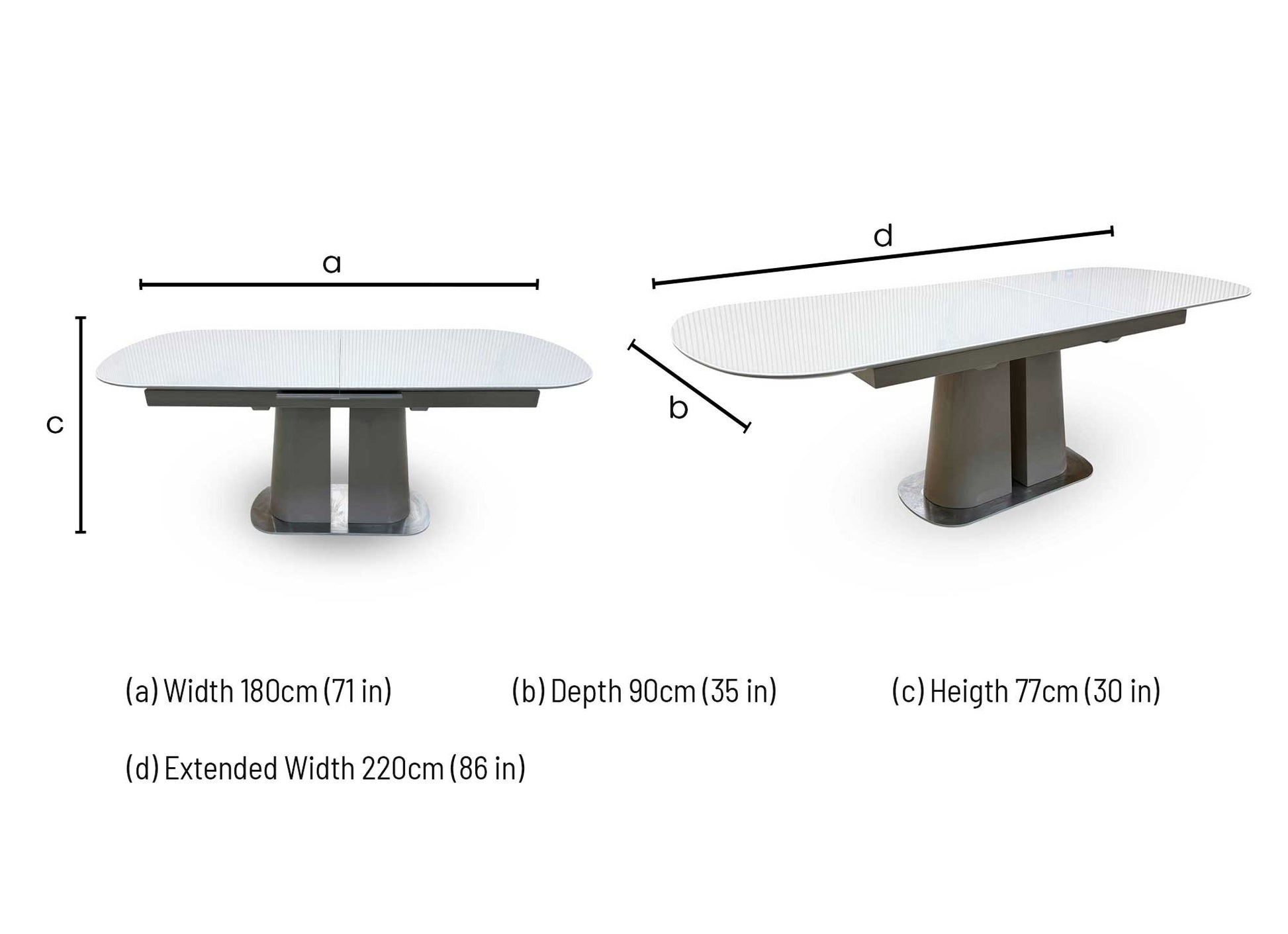 Technical dimension diagram for the Cashmere 180cm Pop-Up Extending Dining Table, outlining its closed and fully extended footprint.