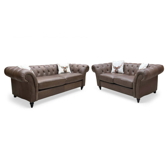 ‘Gosford’ Texas Brown 100% Italian Leather 3 + 2 Seater Chesterfield Sofa Set