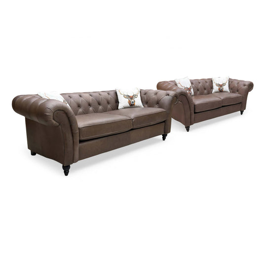 ‘Gosford’ Texas Brown 100% Italian Leather 3 + 2 Seater Chesterfield Sofa Set