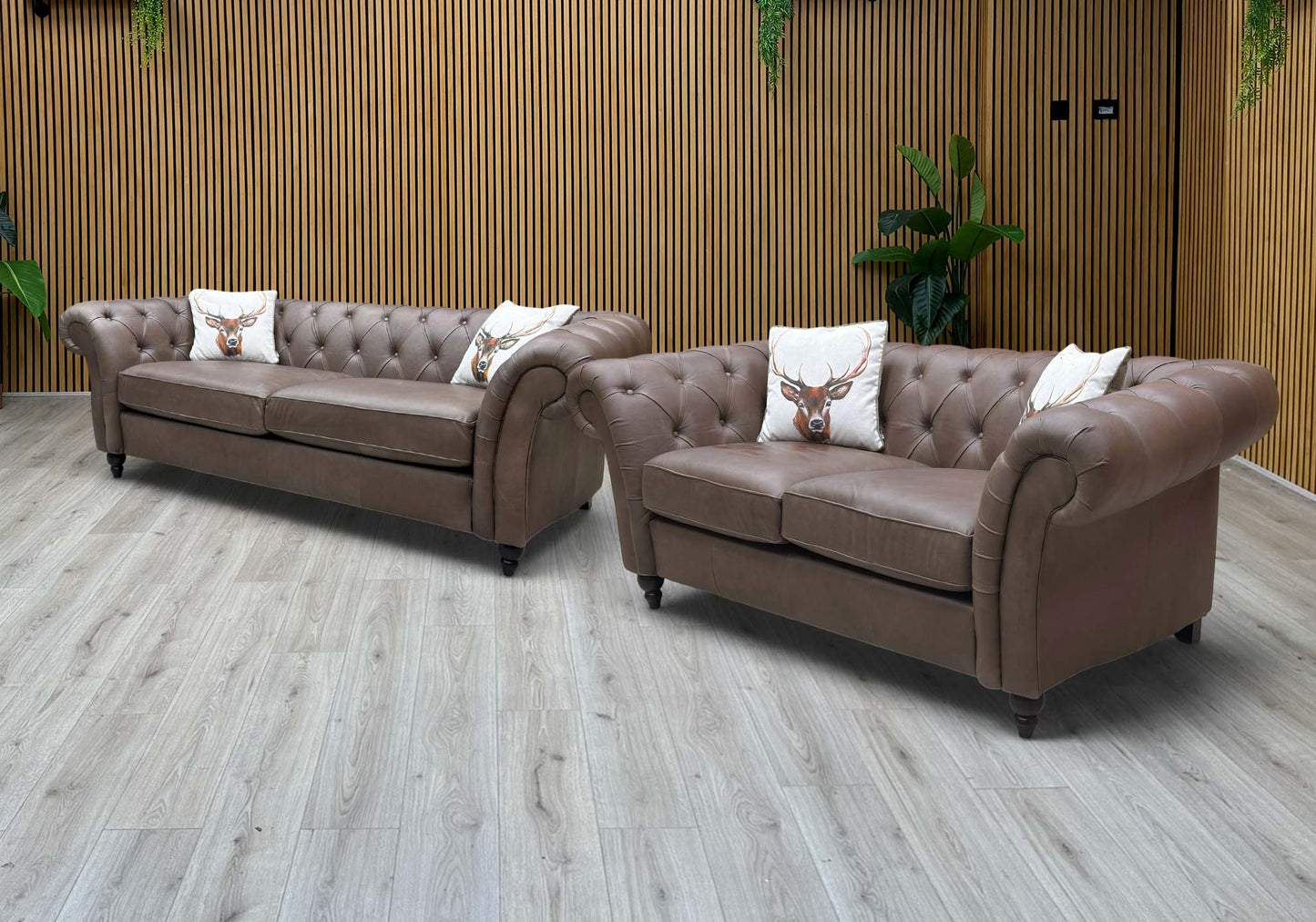 ‘Gosford’ Texas Brown 100% Italian Leather 3 + 2 Seater Chesterfield Sofa Set - product photo 2