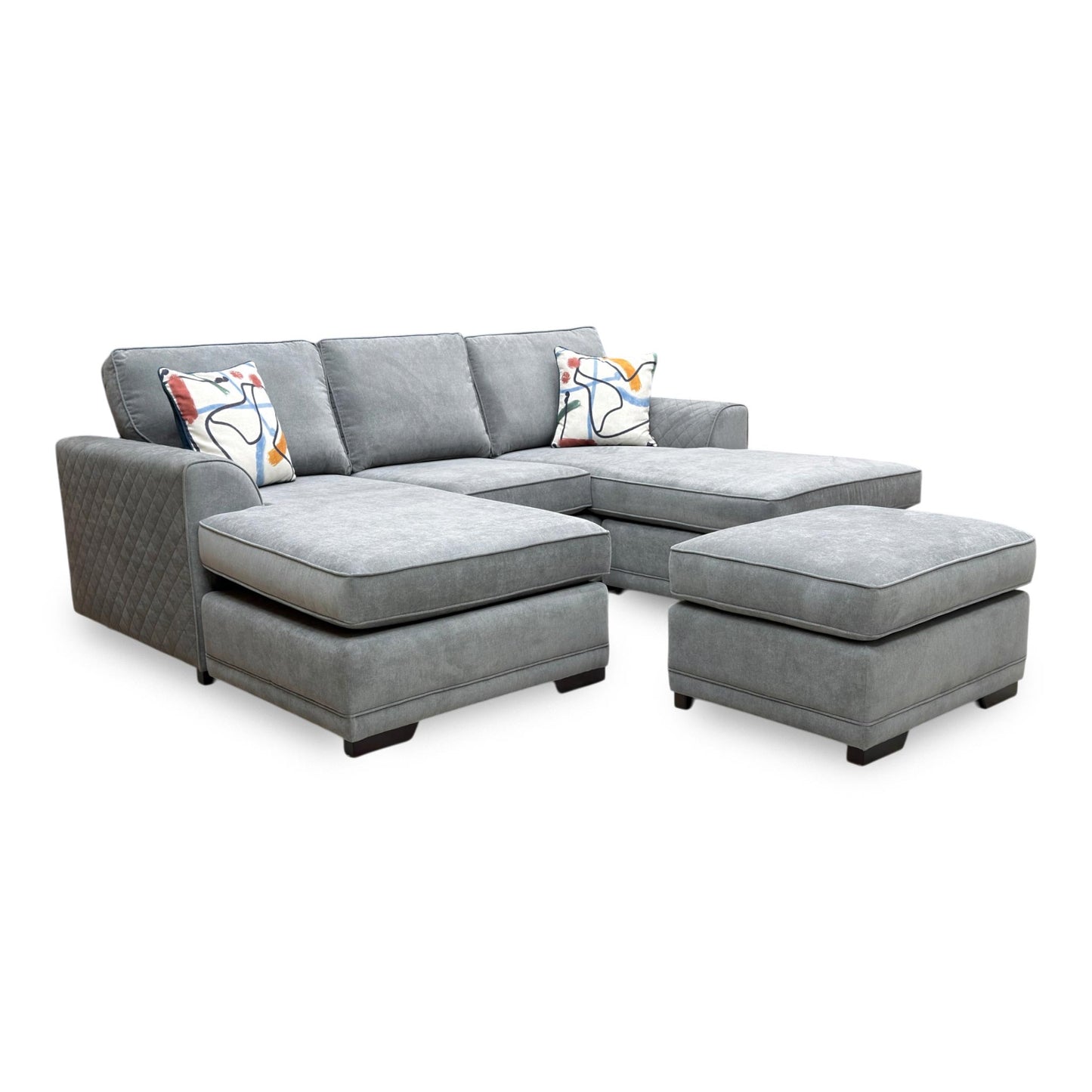 ‘Orka' Graphite Grey Plaza Linen Fabric Quilted Arm Double Ended Chaise Sofa + Small Footstool