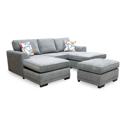 ‘Orka' Graphite Grey Plaza Linen Fabric Quilted Arm Double Ended Chaise Sofa + Small Footstool