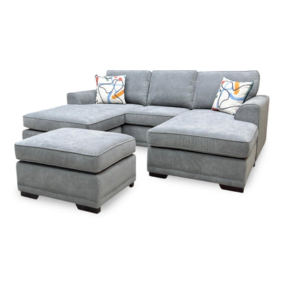 ‘Orka' Graphite Grey Plaza Linen Fabric Quilted Arm Double Ended Chaise Sofa + Small Footstool