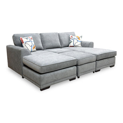 ‘Orka' Graphite Grey Plaza Linen Fabric Quilted Arm Double Ended Chaise Sofa + Small Footstool