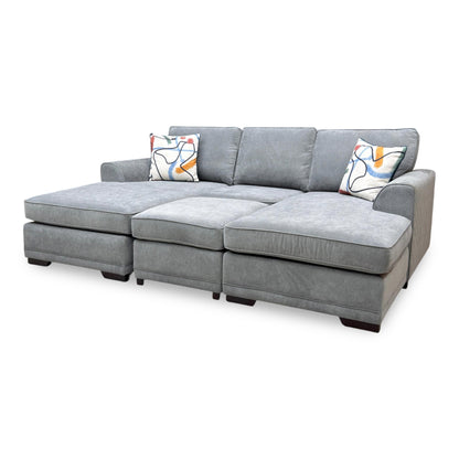 ‘Orka' Graphite Grey Plaza Linen Fabric Quilted Arm Double Ended Chaise Sofa + Small Footstool