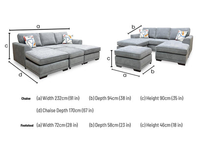 ‘Orka' Graphite Grey Plaza Linen Fabric Quilted Arm Double Ended Chaise Sofa + Small Footstool