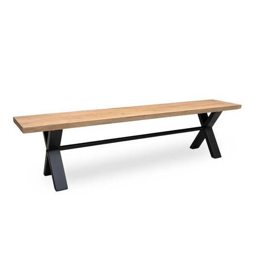 Full view of overhead view of the Saturn 180cm dining bench, showcasing its beautiful, characterful solid oak timber top paired with striking black metal X-shaped legs for an industrial look.