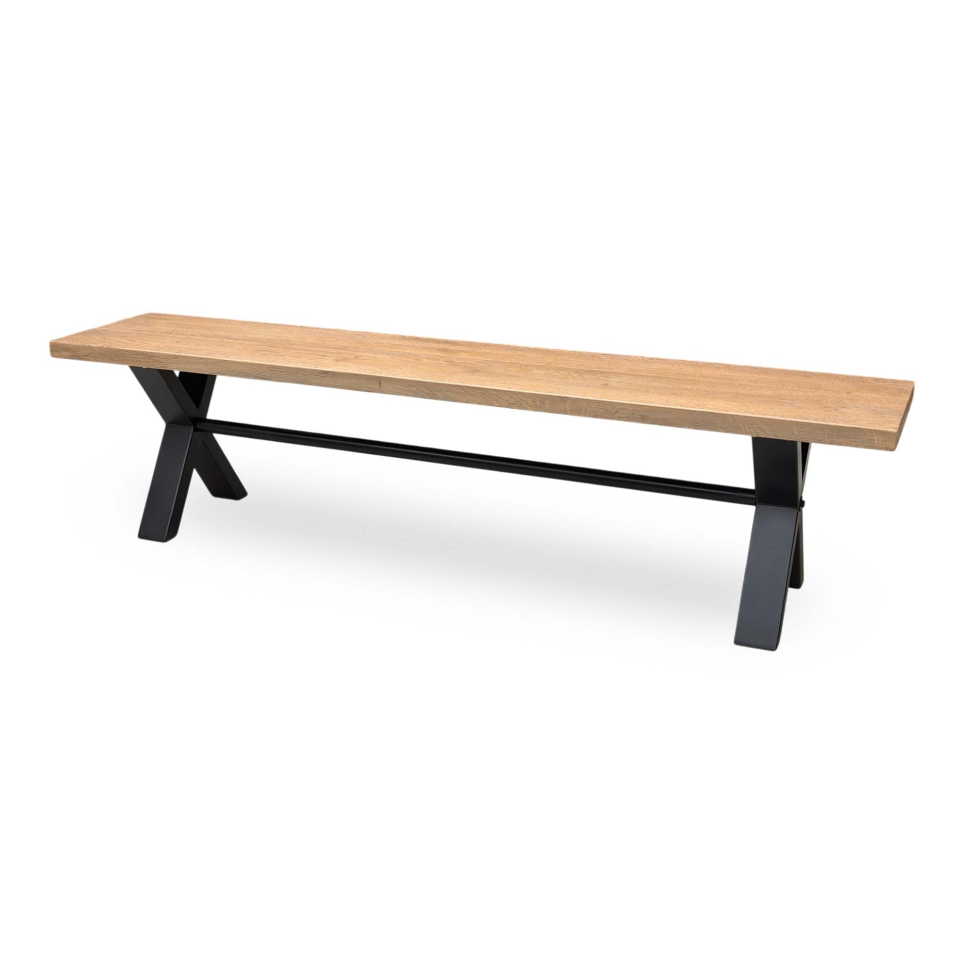 Side profile view of the dining bench, highlighting the clean, slim depth of the solid timber seat and the precise industrial geometry of the X-shaped metal leg base.