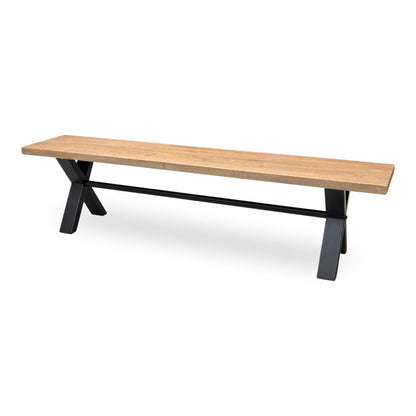 Side profile view of the dining bench, highlighting the clean, slim depth of the solid timber seat and the precise industrial geometry of the X-shaped metal leg base.