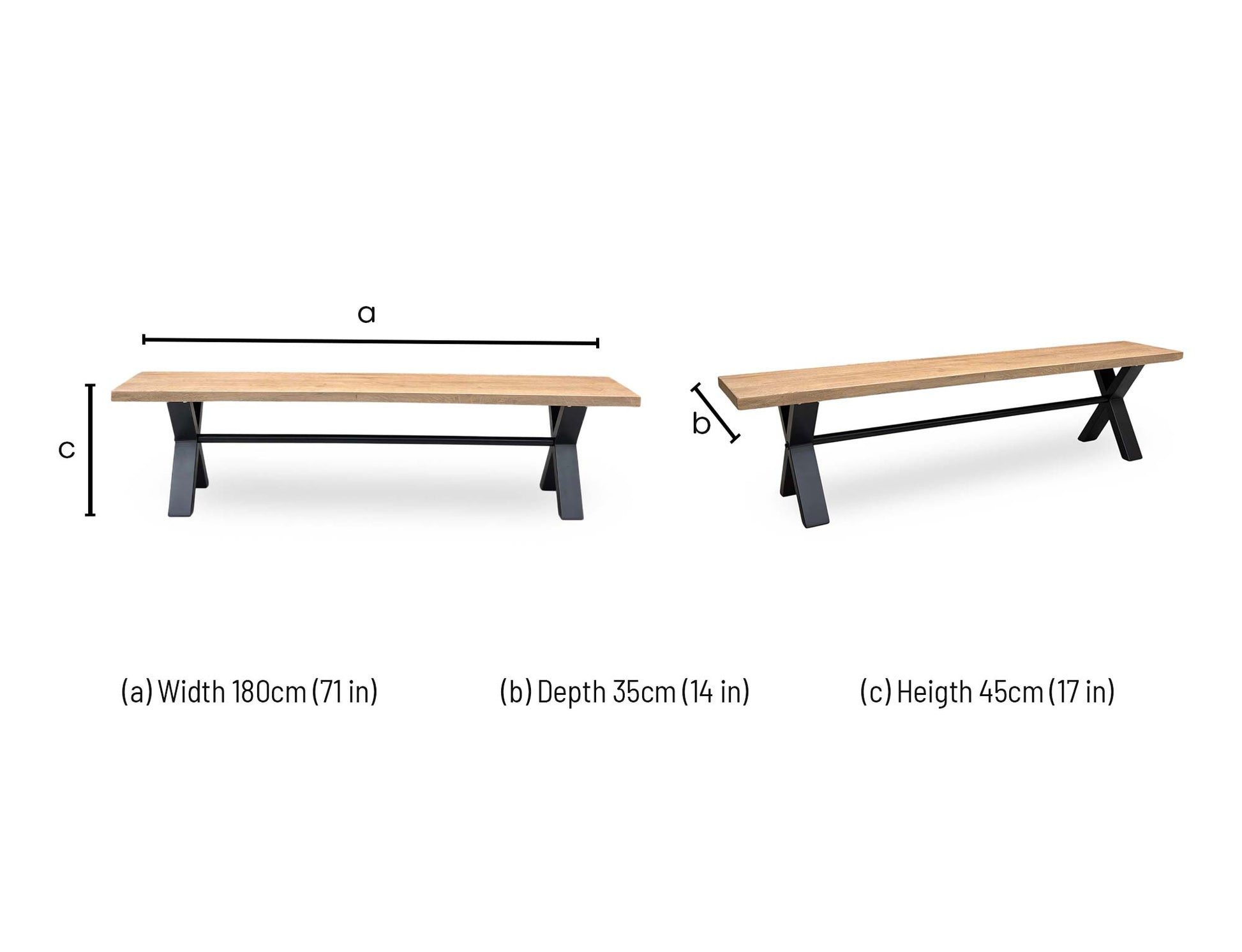 Technical dimension diagram for the Saturn Solid Oak 180cm Dining Bench, outlining its full structural footprint and measurements.