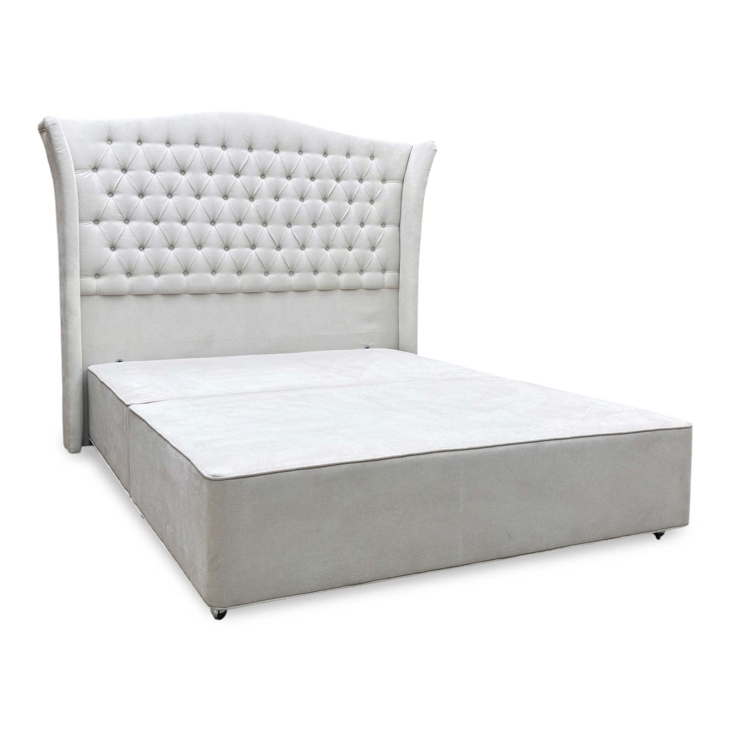 Full View Furniture Village Hypnos ‘Hambleden’ king-size divan bed ensemble, featuring a tall, winged floor-standing headboard and bespoke divan base upholstered in rich Imperio 903 stone grey fabric.