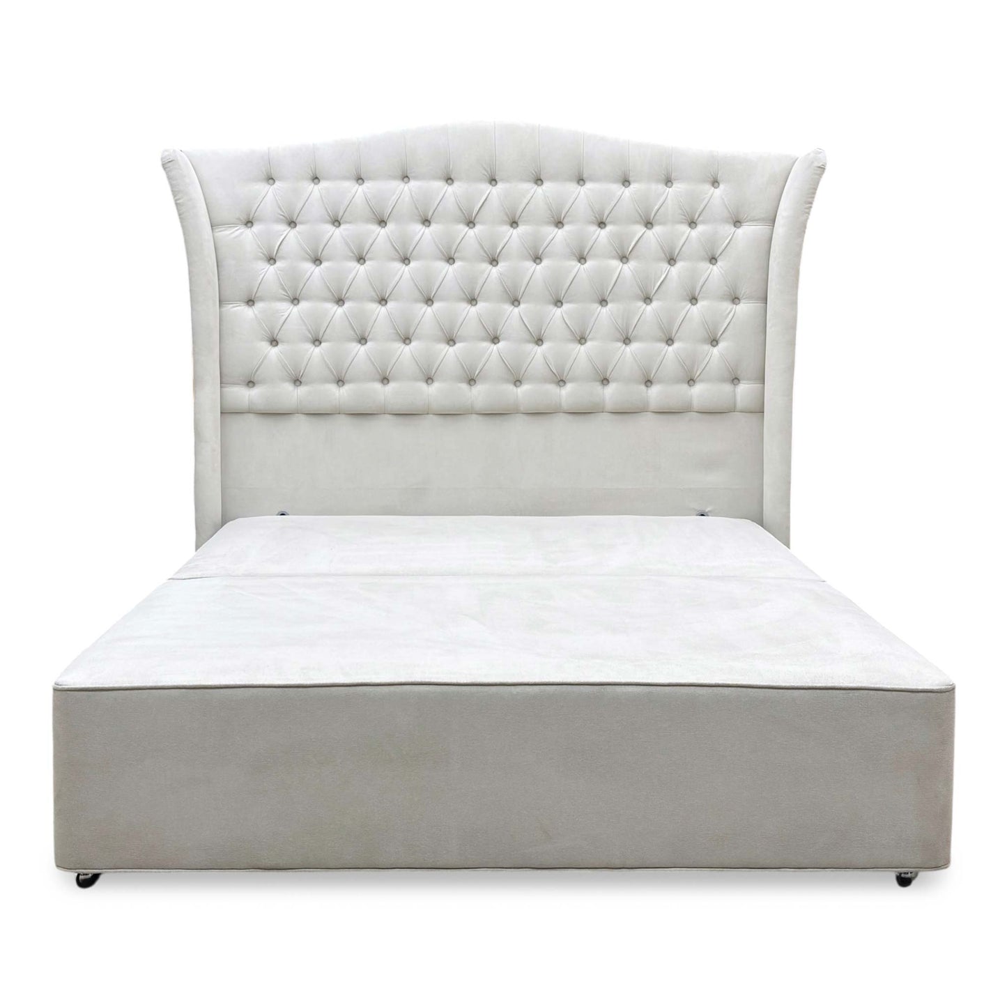 Front view look of the king-size upholstered headboard, showing the deep buttoned or clean stitched detailing, structural wing side profiles, and premium tailored finish.