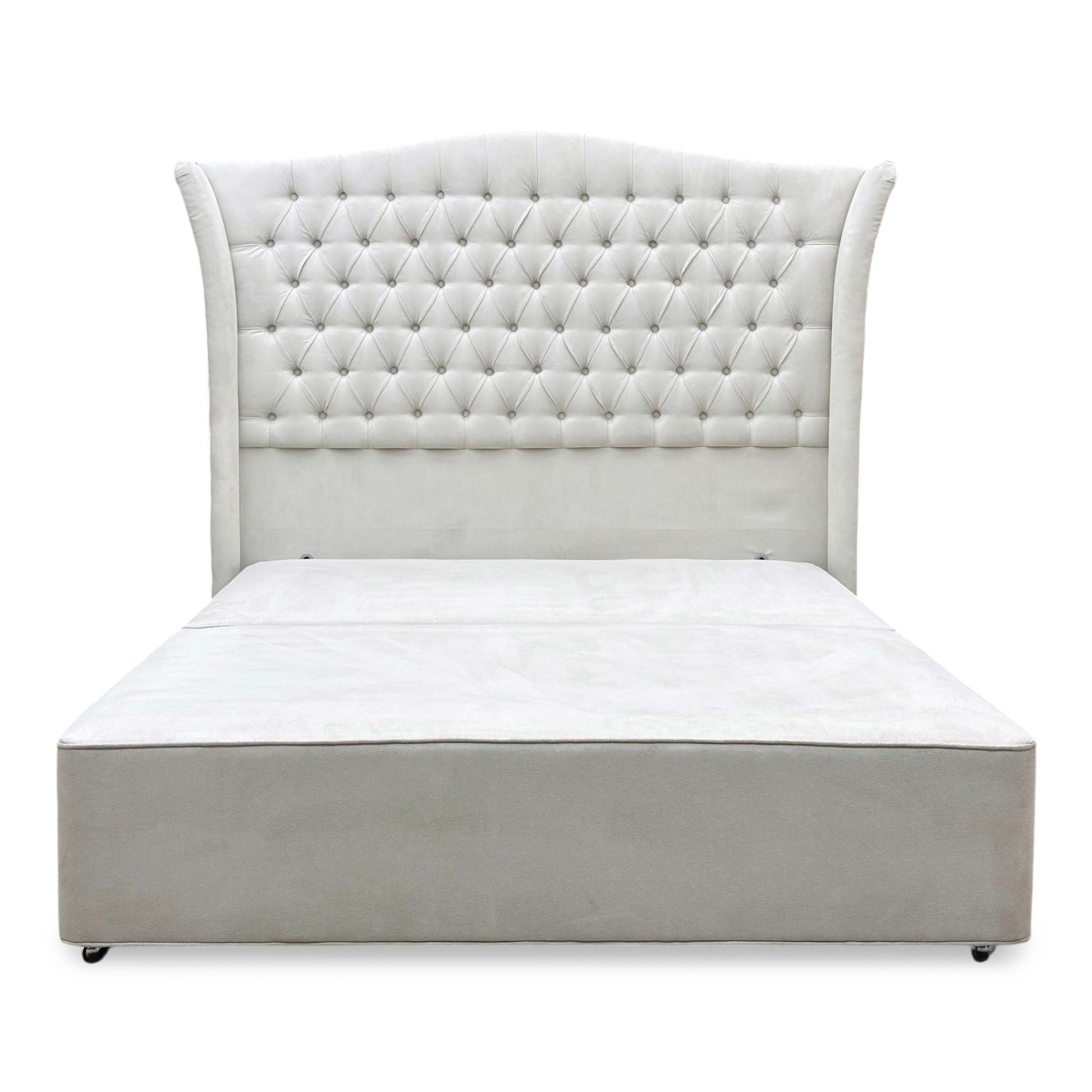 Front view look of the king-size upholstered headboard, showing the deep buttoned or clean stitched detailing, structural wing side profiles, and premium tailored finish.