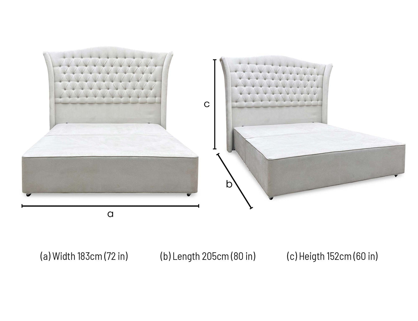 dimensions and sizing layout for the Furniture Village Hypnos ‘Hambleden’ Imperio 903 Stone Grey Fabric Winged Floor Standing Headboard and Bespoke Divan Base setup in King Size.