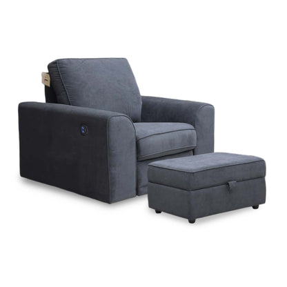 ‘Orka’ Black Plaza Linen Non Quilted Power Recliner Armchair + Large Storage Footstool