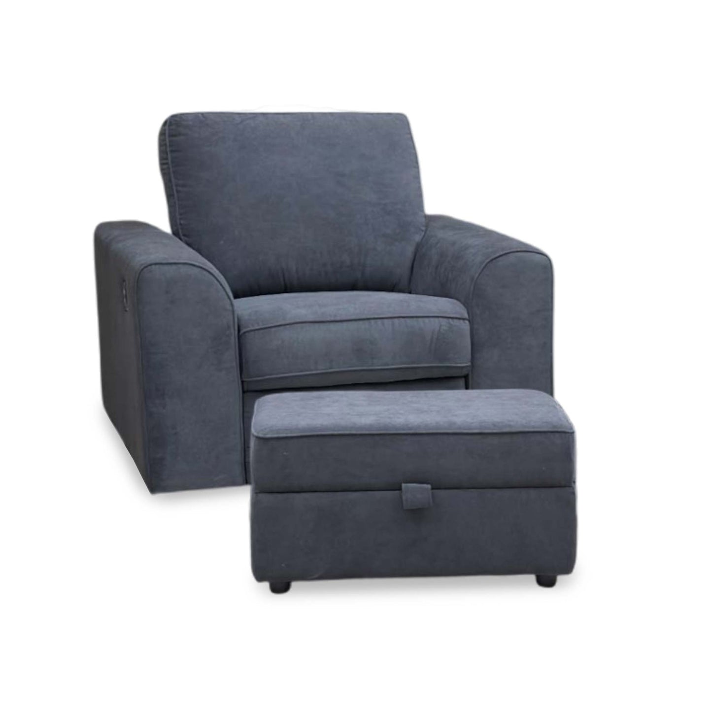 ‘Orka’ Black Plaza Linen Non Quilted Power Recliner Armchair + Large Storage Footstool