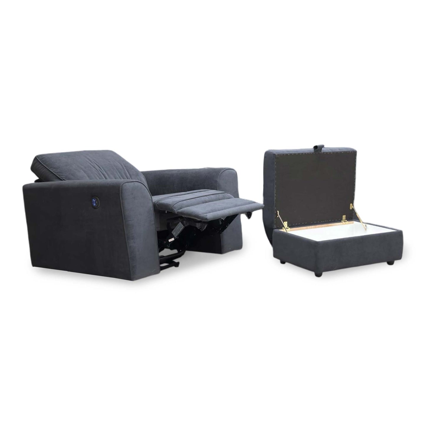 ‘Orka’ Black Plaza Linen Non Quilted Power Recliner Armchair + Large Storage Footstool