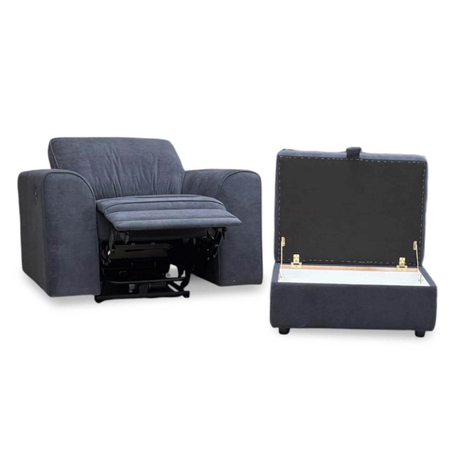 ‘Orka’ Black Plaza Linen Non Quilted Power Recliner Armchair + Large Storage Footstool