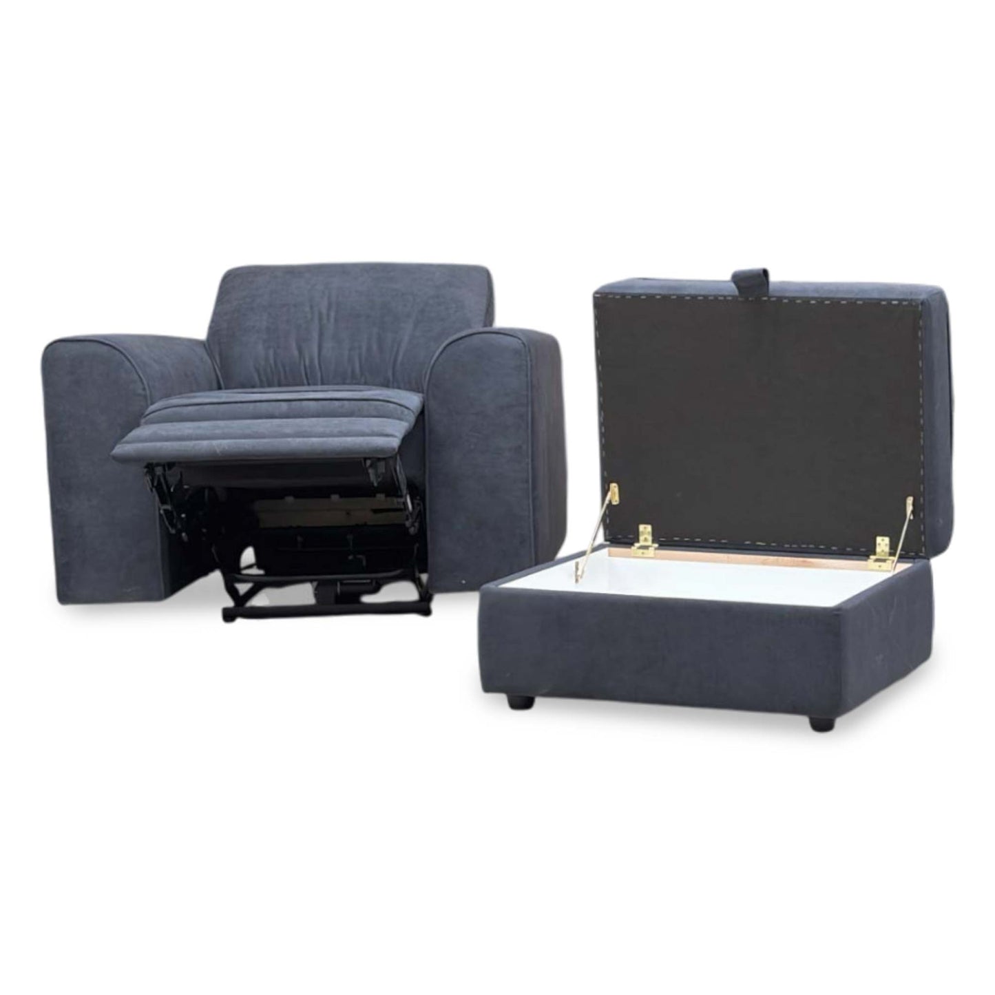 ‘Orka’ Black Plaza Linen Non Quilted Power Recliner Armchair + Large Storage Footstool