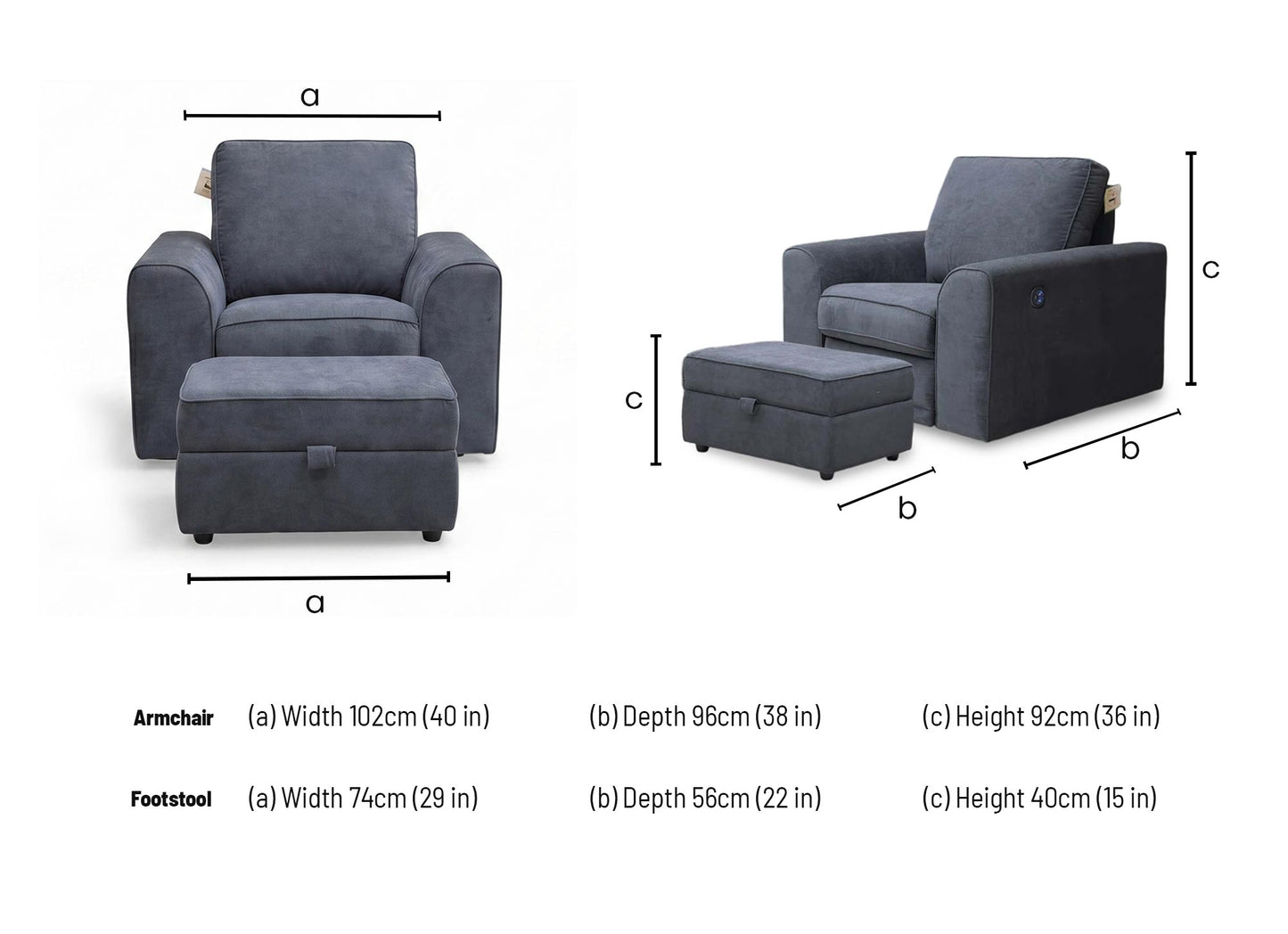 ‘Orka’ Black Plaza Linen Non Quilted Power Recliner Armchair + Large Storage Footstool