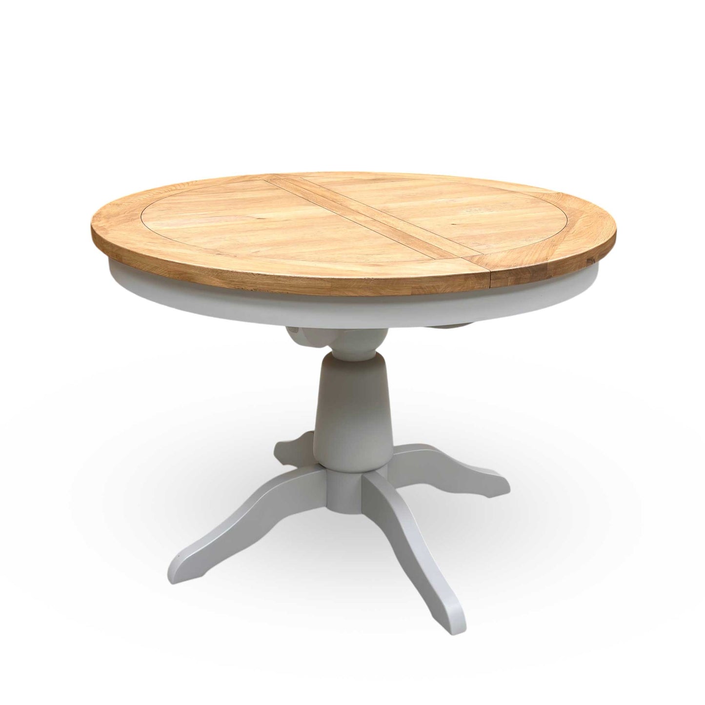 Side profile view of the table, showcasing the thick tabletop edge and the clean, structured lines of the central pedestal leg configuration.