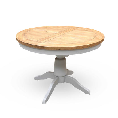Side profile view of the table, showcasing the thick tabletop edge and the clean, structured lines of the central pedestal leg configuration.