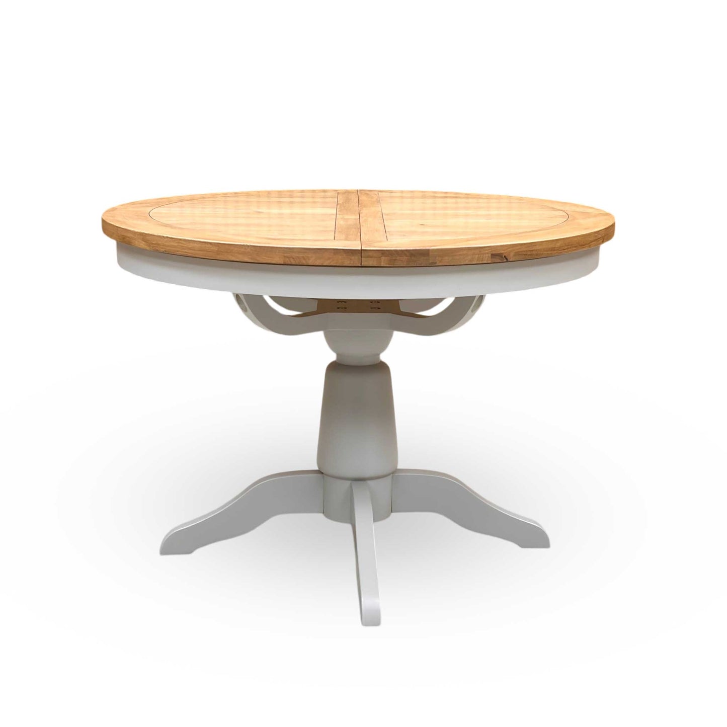 Front view of the butterfly extension mechanism as it smoothly unfolds from the center of the Joseph table to transform it into an oval shape.