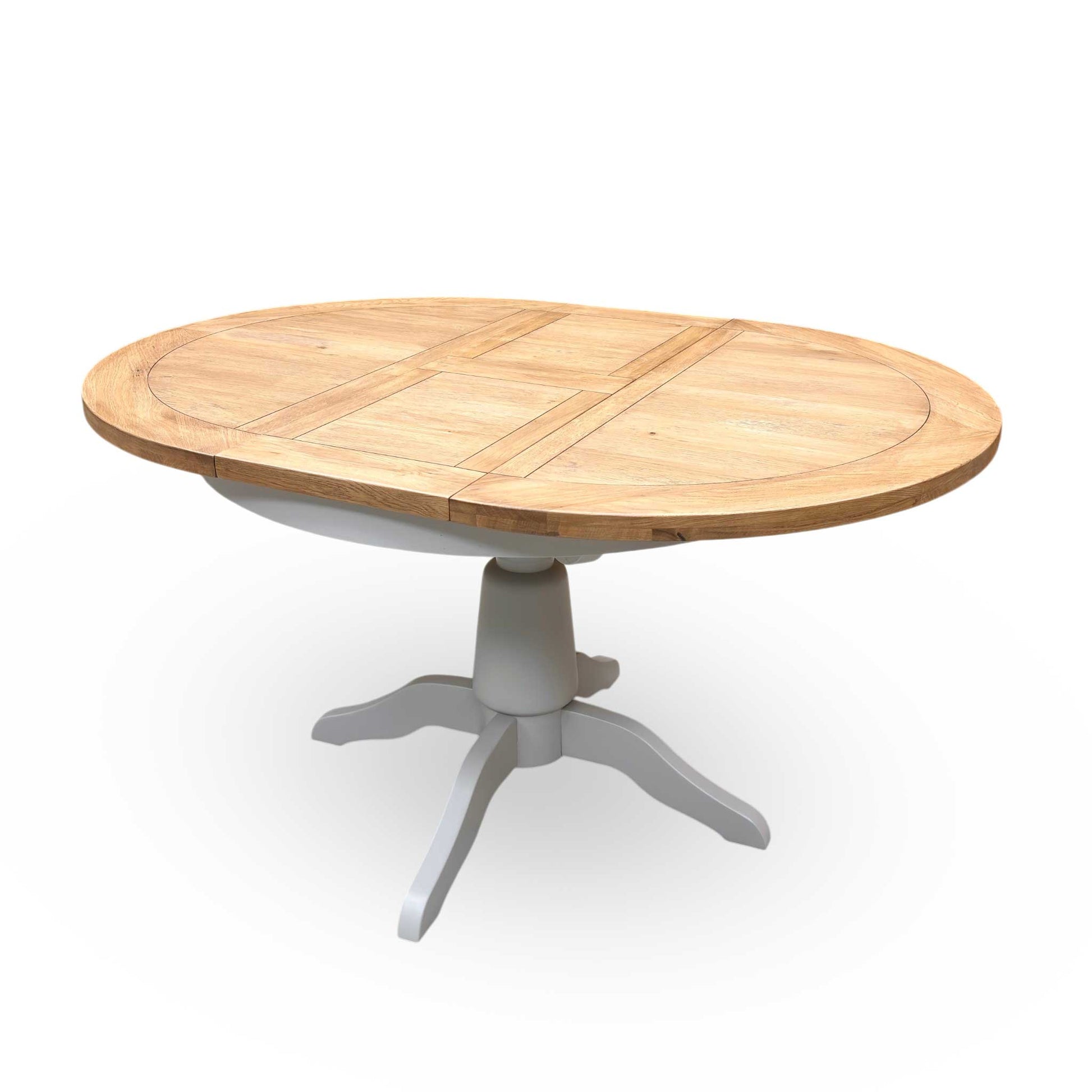 Side profile view of the table, showcasing the thick tabletop edge and the clean, structured lines of the central pedestal leg configuration.
