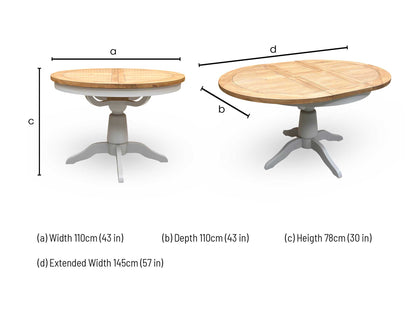 Technical dimension diagram for the Joseph Medium Oak Round Pedestal Butterfly Extending Dining Table, detailing its standard and extended measurements.
