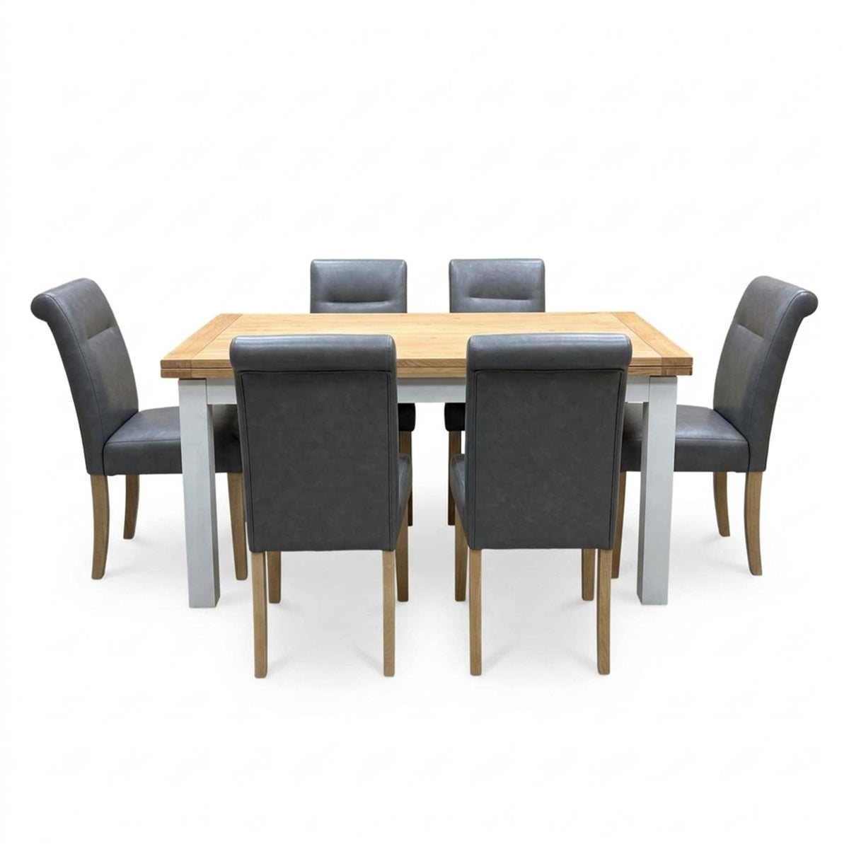 'Lewis' Solid Oak 120cm Large Draw Leaf Extending Dining Table with Dark Grey Faux Leather Roll Back Dining Chairs - Set of 6
