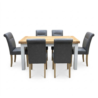 'Lewis' Solid Oak 120cm Large Draw Leaf Extending Dining Table with Dark Grey Faux Leather Roll Back Dining Chairs - Set of 6