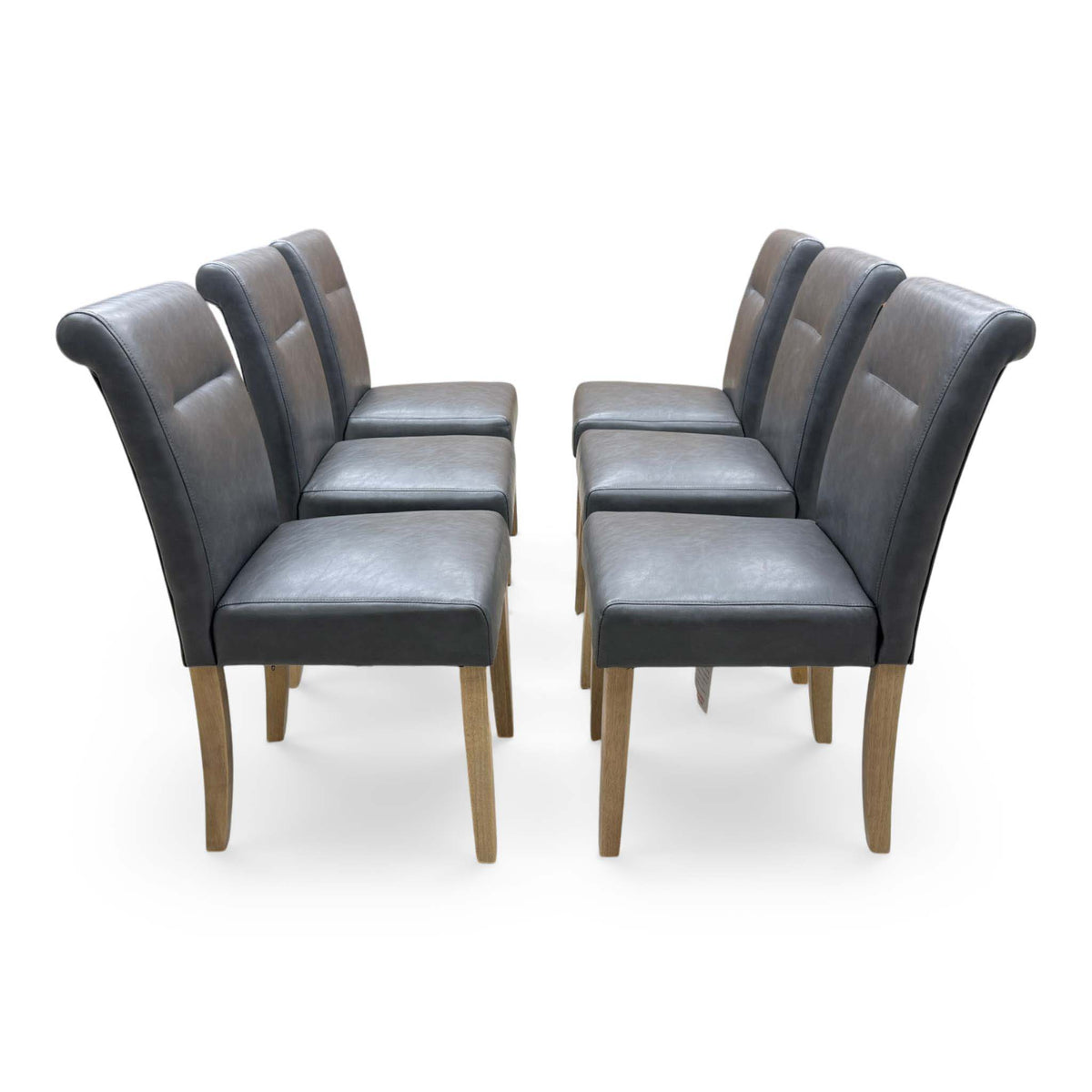 'Lewis' Solid Oak 120cm Large Draw Leaf Extending Dining Table with Dark Grey Faux Leather Roll Back Dining Chairs - Set of 6