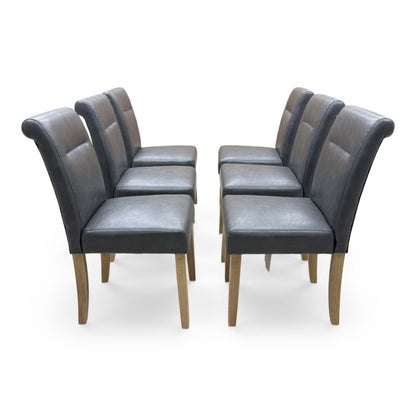 'Lewis' Solid Oak 120cm Large Draw Leaf Extending Dining Table with Dark Grey Faux Leather Roll Back Dining Chairs - Set of 6